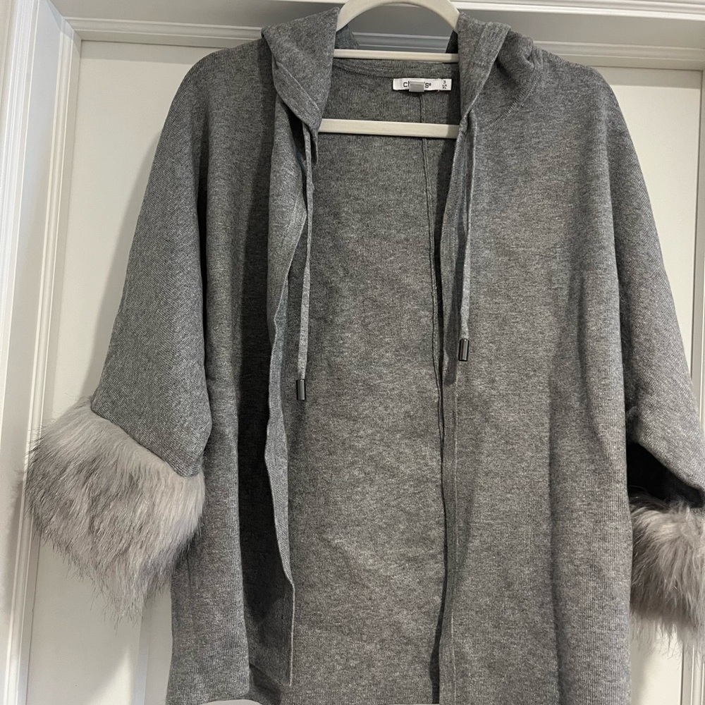 Chico's Gray Hooded Jacket with Faux Fur Trim